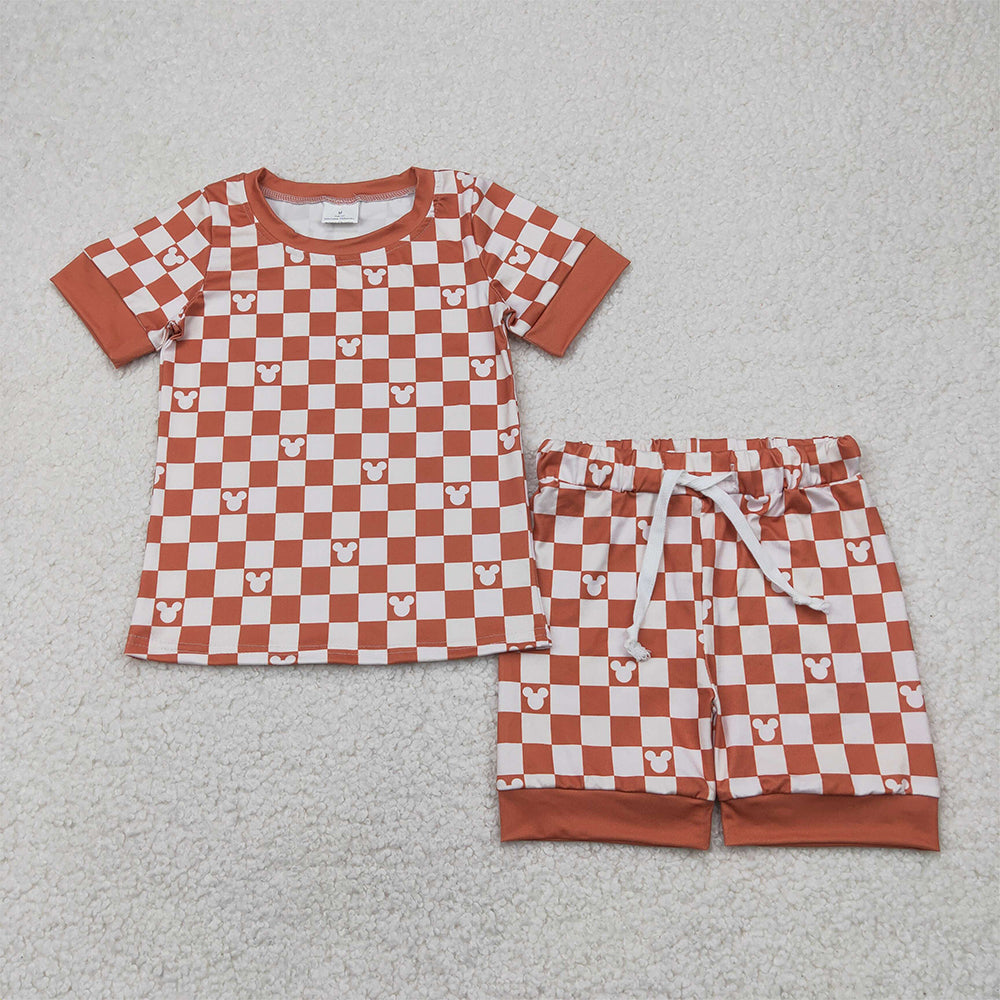 6.13  GSSO2232 RTS NO MOQ  Baby Girls Summer Outfits Khaki Cartoon Mouse Top Tee Shorts Clothes Sets