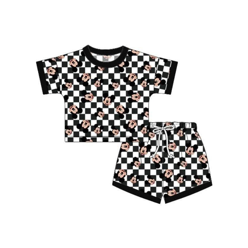 Black Plaid Mouse Short Sleeve Top And Shorts Set Baby Kids Clothing Toddler Outfit Boys Girls Clothes