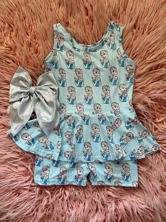 GSSO2234Light Blue Sleeveless Princess Peplum Shorts Set Girls' Summer Casual Clothing Outfit