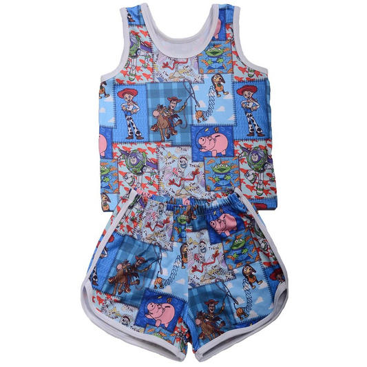 GSSO2235Kids Sleeveless Patchwork Pig Toy Top Shorts Set Cute Animal Theme Clothing for Children