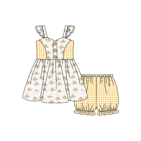 GSSO2236Baby Girls Clothing Set with Flutter Sleeves Yellow Plaid Floral Design for Infants