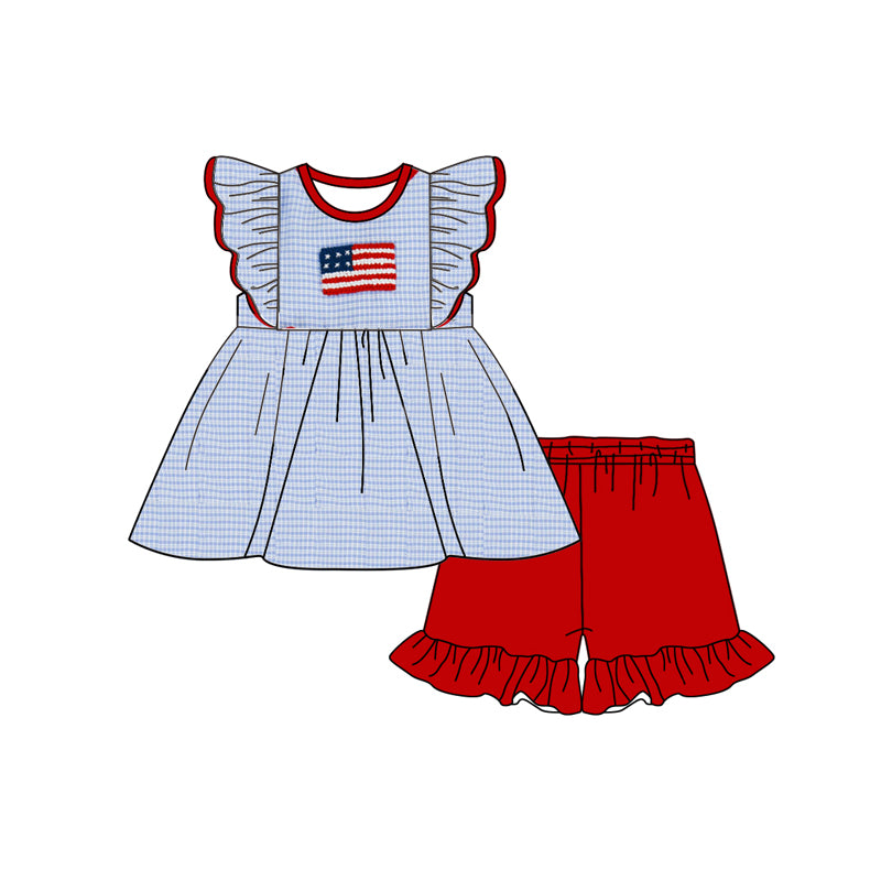 Boys Plaid Shorts And White Flag Top Outfit for 4th of July Red Blue Checkered Clothing Set
