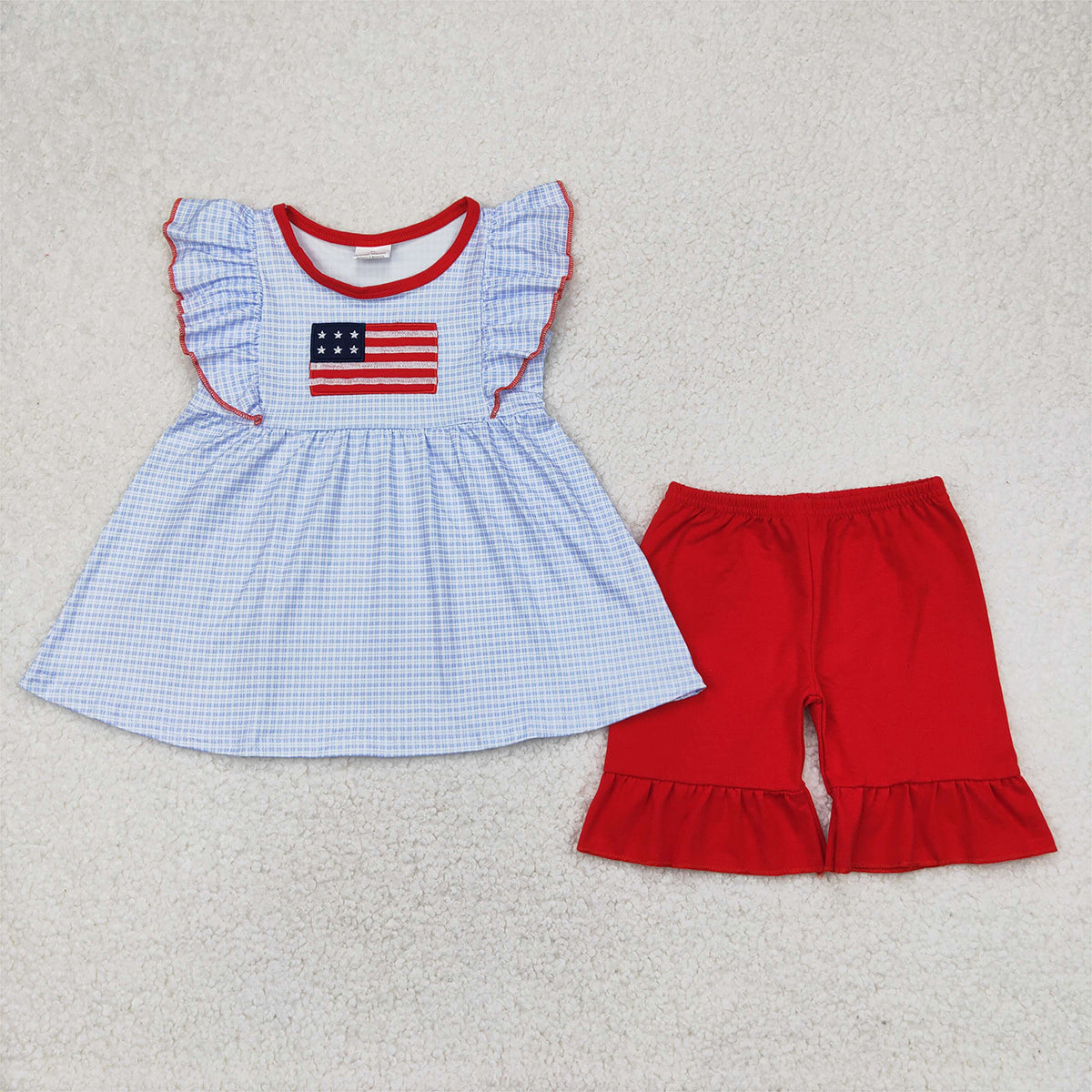 6.21 GSSO2238 RTS NO MOQ Baby Girls Summer Outfits Embroidery Baby Girls Blue Checkered Flag Tunic Top Ruffle Shorts Clothes Sets