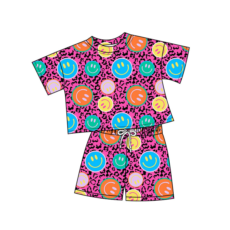 Baby Girls' Adorable Short-Sleeved Clothes with Playful Leopard and Smiley Motifs