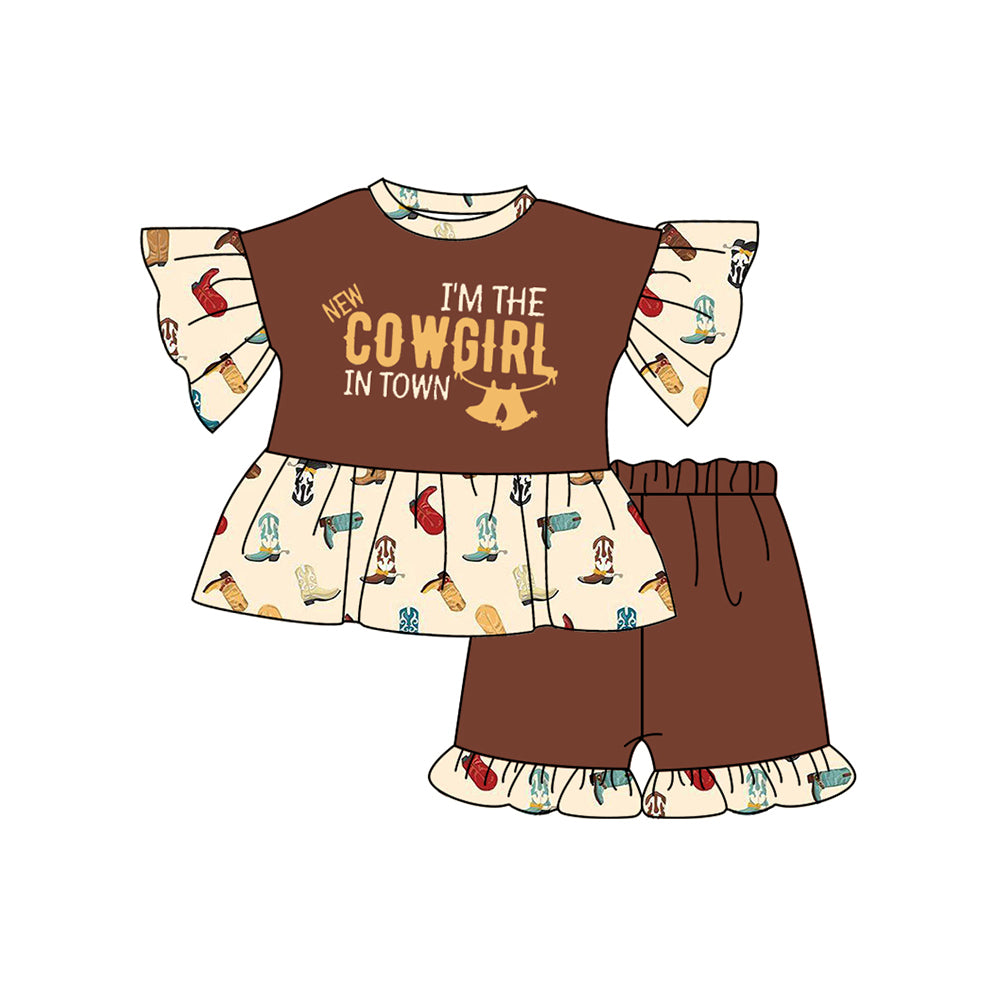 Adorable Short-Sleeved “I’m the Cowgirl in Town” Girls’ Clothes with Boots Style