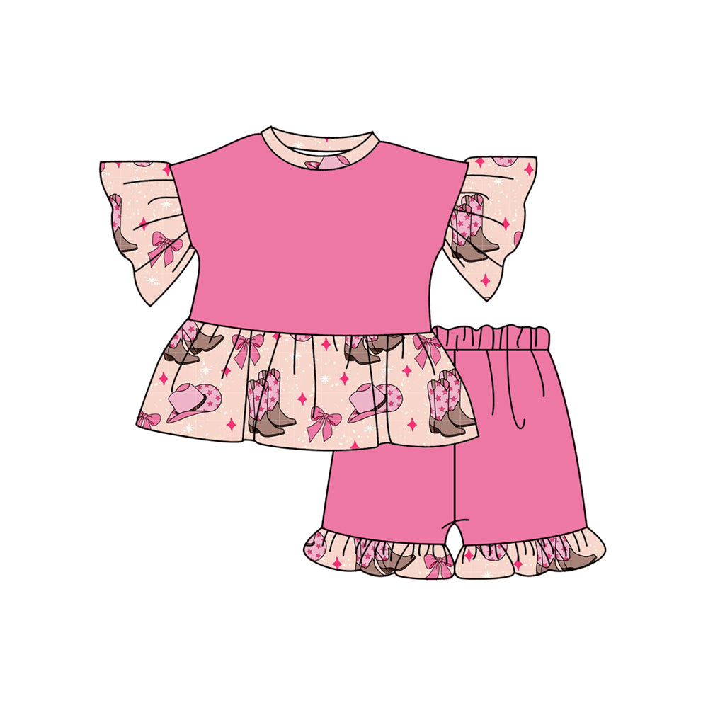 Girls’ Charming Short-Sleeved Outfit in Pink, with Western Boots, Hat and Bow