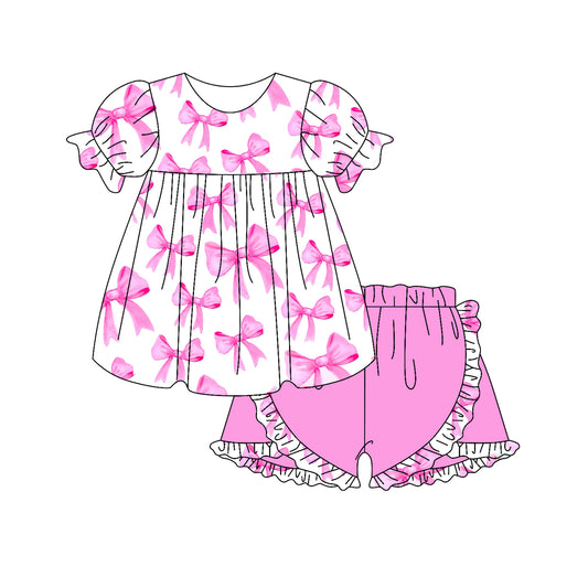 GSSO2252Sweet Short-Sleeved Pink Bow Tunic and Ruffle Shorts Set for Little Girls