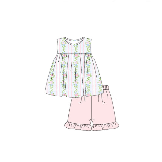 GSSO2253Girls’ Adorable Sleeveless Floral Stripe Tunic Shorts Outfit for Sunny Summer Days