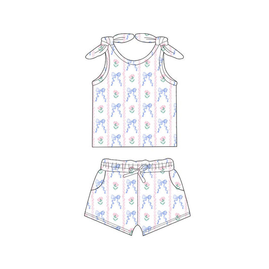 GSSO2254Baby Girls’ Charming Sleeveless Floral and Light Blue Bow Outfits for Summer