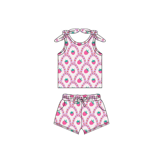GSSO2255Sweet Sleeveless Pink Strawberry Summer Outfits for Little Baby Girls