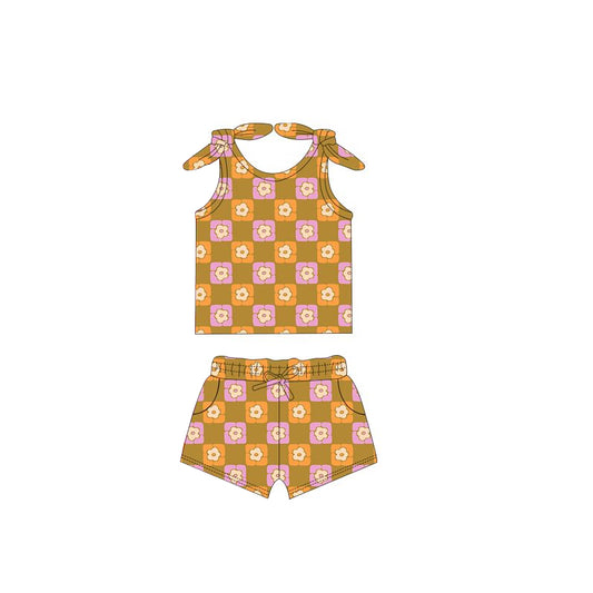 GSSO2257Pretty Sleeveless Pink Yellow Floral Summer Attire for Baby Girls