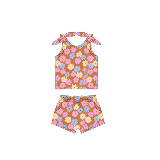GSSO2258Sweet Sleeveless Light Blue Pink Floral Summer Outfits for Little Baby Girls