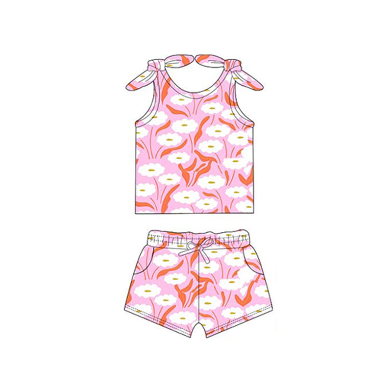 Girls’ Charming Pink-White Floral Sleeveless Active Top with Matching Skirt