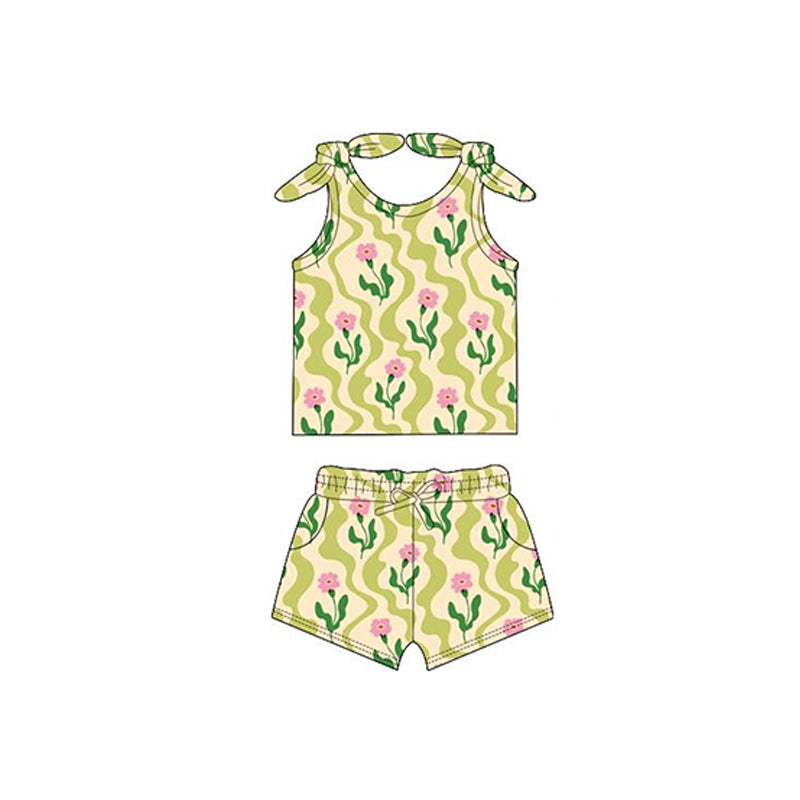 Girls’ Adorable Green-Pink Floral Sleeveless Top Skirt Outfit for Active Moments