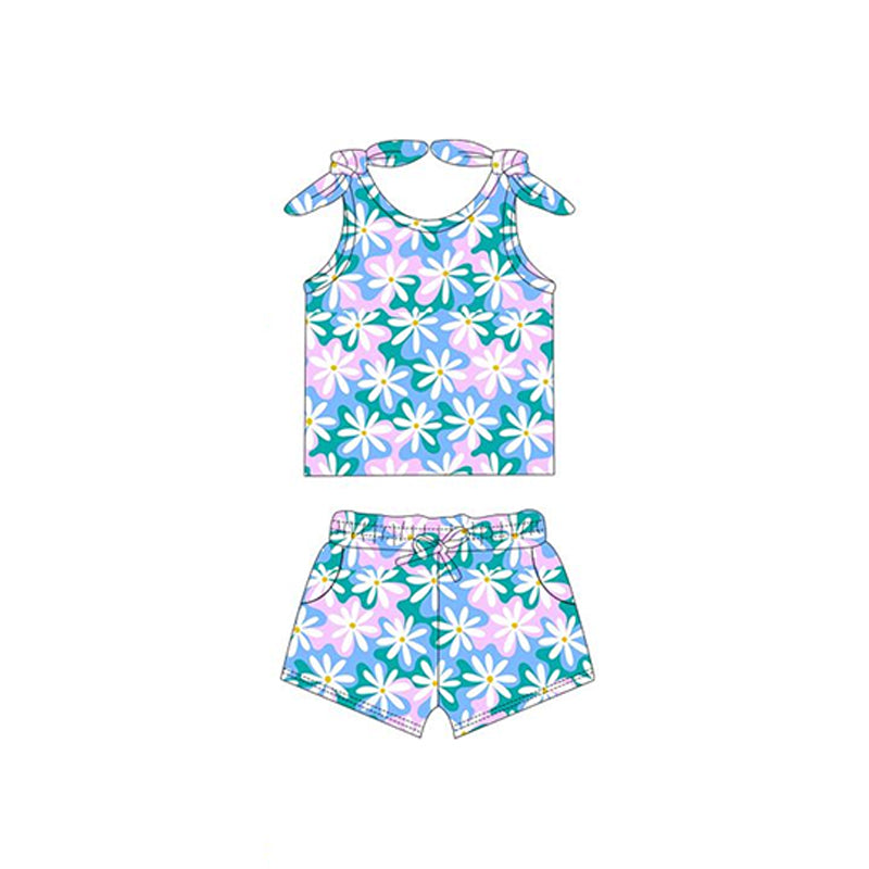 Delightful Light Blue Pink Floral Sleeveless Top and Skirt Set for Active Girls