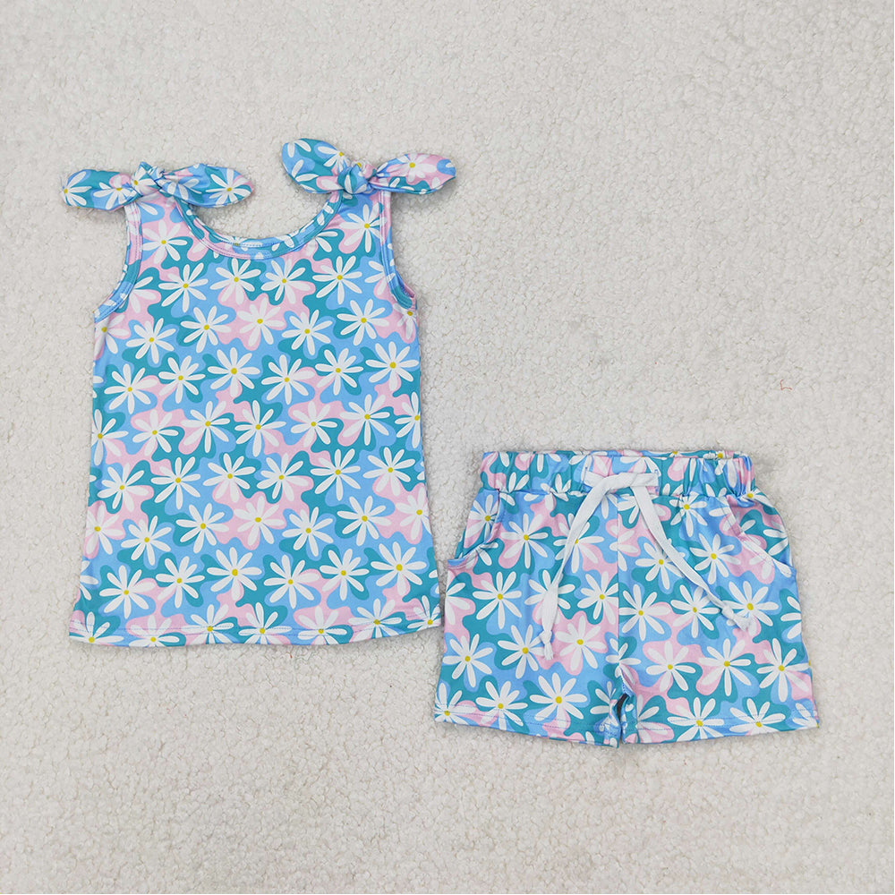 4.21 RTS NO MOQ Light Blue Pink Floral Sleeveless Baby Girls Summer Outfits Girls' Summer Clothing Floral Print Infant Dresses for Warm Weather