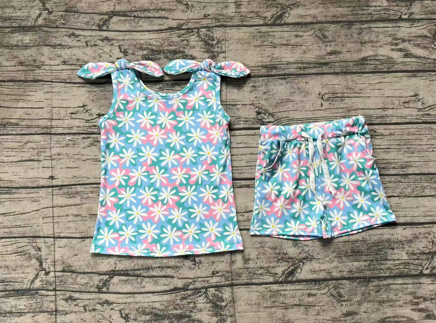 GSSO2262Light Blue Pink Floral Sleeveless Baby Girls Summer Outfits Girls' Summer Clothing Floral Print Infant Dresses for Warm Weather