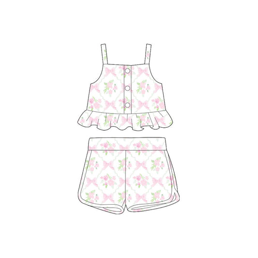 GSSO2263Stylish Girls' Straps Pink Bow Floral Crop Top and Shorts Clothing Set