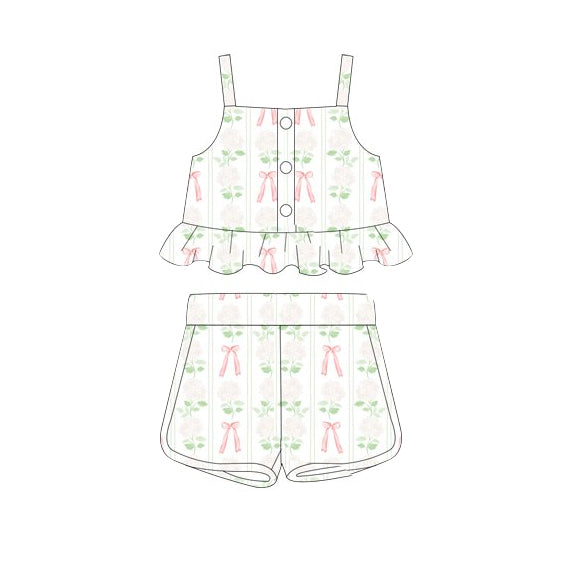 GSSO2264Stylish Girls' Straps Green Leaves Floral Bow Crop Top and Shorts Clothing Set