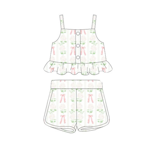 GSSO2264Stylish Girls' Straps Green Leaves Floral Bow Crop Top and Shorts Clothing Set