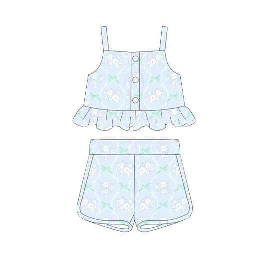 GSSO2265Stylish Light Blue Floral Bow-Embellished Straps Crop Top with Shorts for Girls