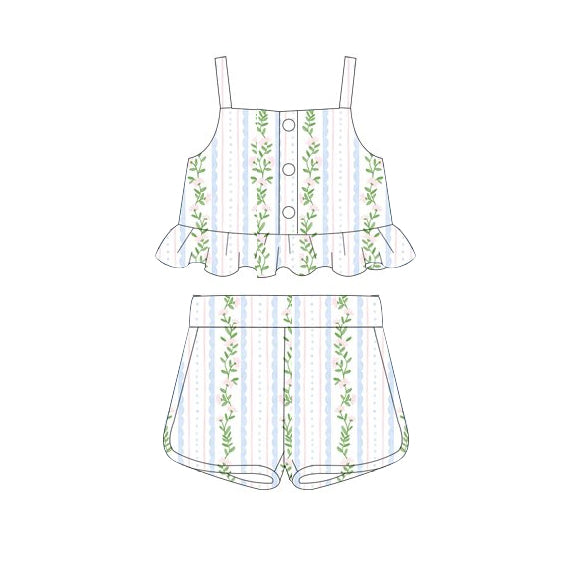 GSSO2266Sweet Girls' Light Blue Pink Floral Straps Crop Top and Shorts Clothing Ensemble