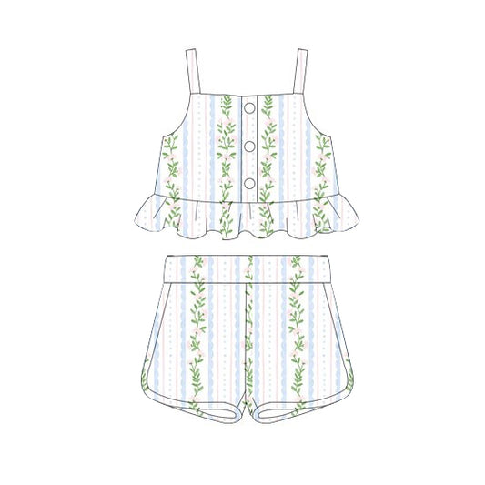GSSO2266Sweet Girls' Light Blue Pink Floral Straps Crop Top and Shorts Clothing Ensemble
