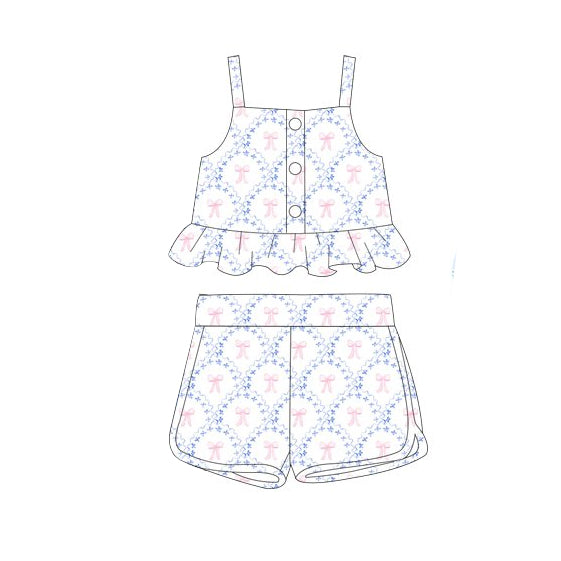 GSSO2267Cute Girls' Straps Light Blue Pink Bow Crop Top and Shorts Set for Summer
