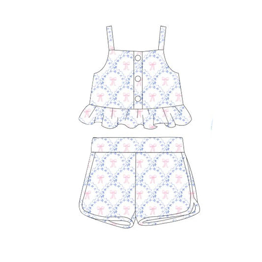 GSSO2267Cute Girls' Straps Light Blue Pink Bow Crop Top and Shorts Set for Summer