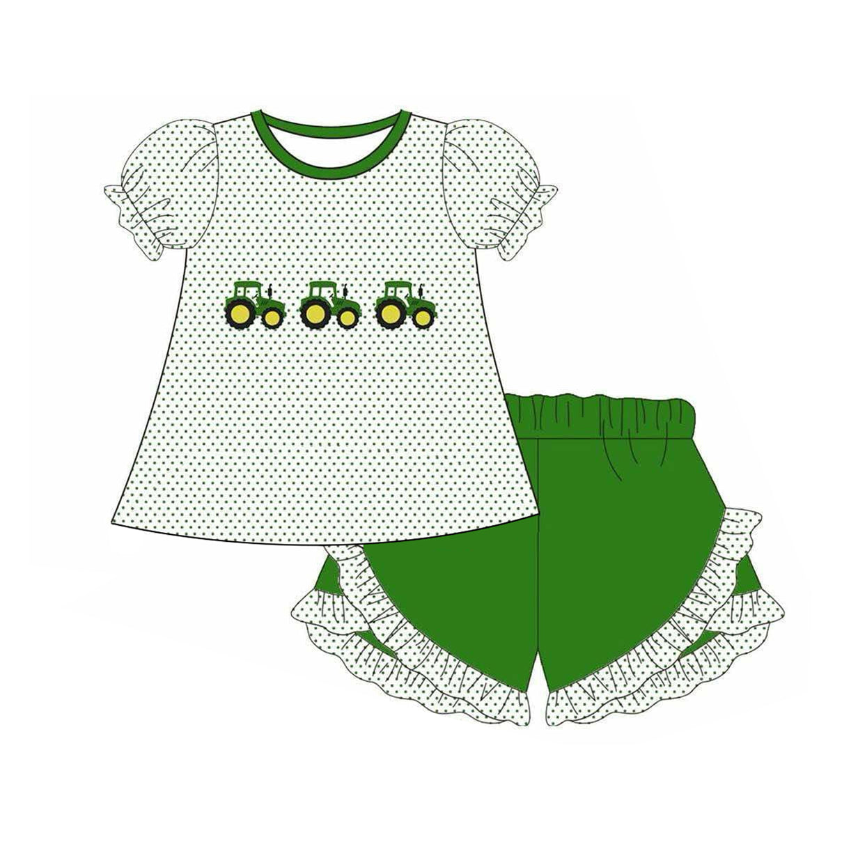 Green Polka Dots Tractor Top and Ruffle Shorts Ensemble for Farm Girls