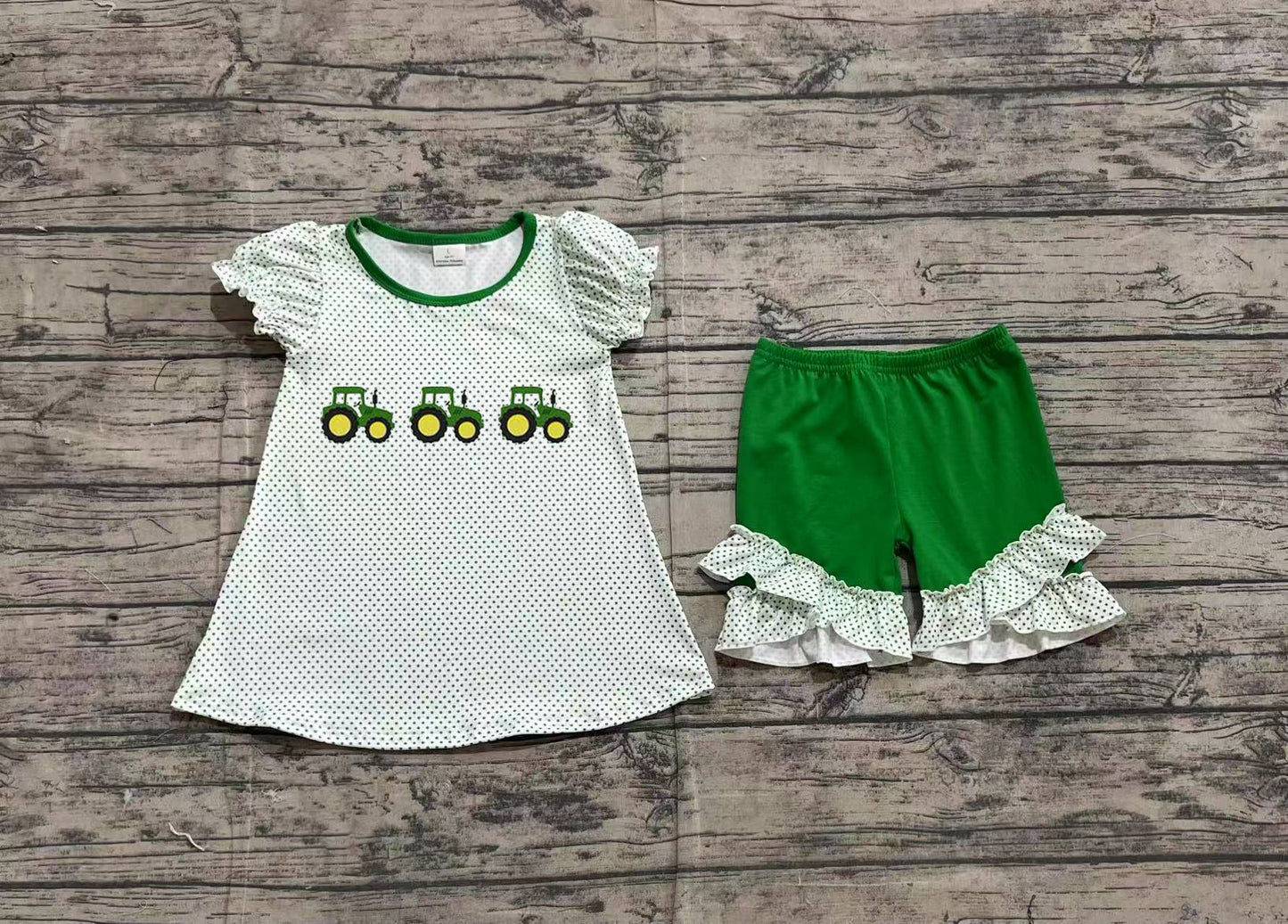 GSSO2268Farm Girls Outfit Green Polka Dots Tractor Top Ruffle Shorts Set Cute Country Style Children's Clothing for Girls