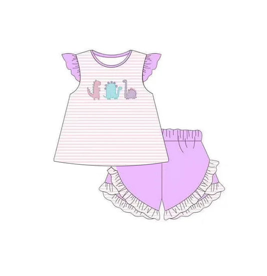 GSSO2269Girls’ Fashionable Stripe Dinosaur Top and Ruffle Shorts Set for Summer
