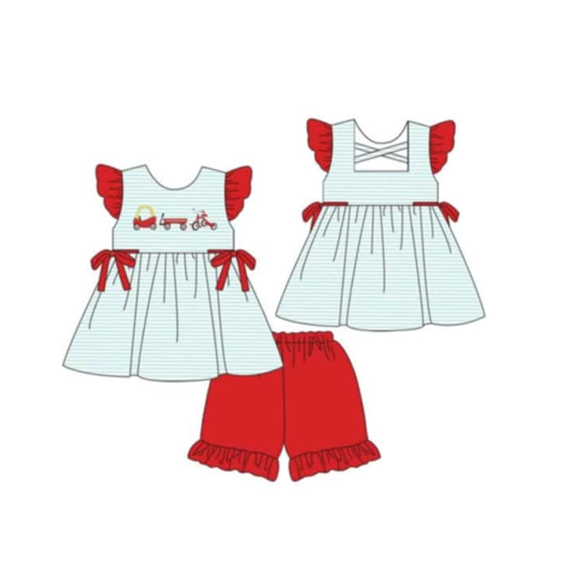 Little Girls’ Fashionable Red Stripe Car Tunic and Ruffle Shorts Set for Summer