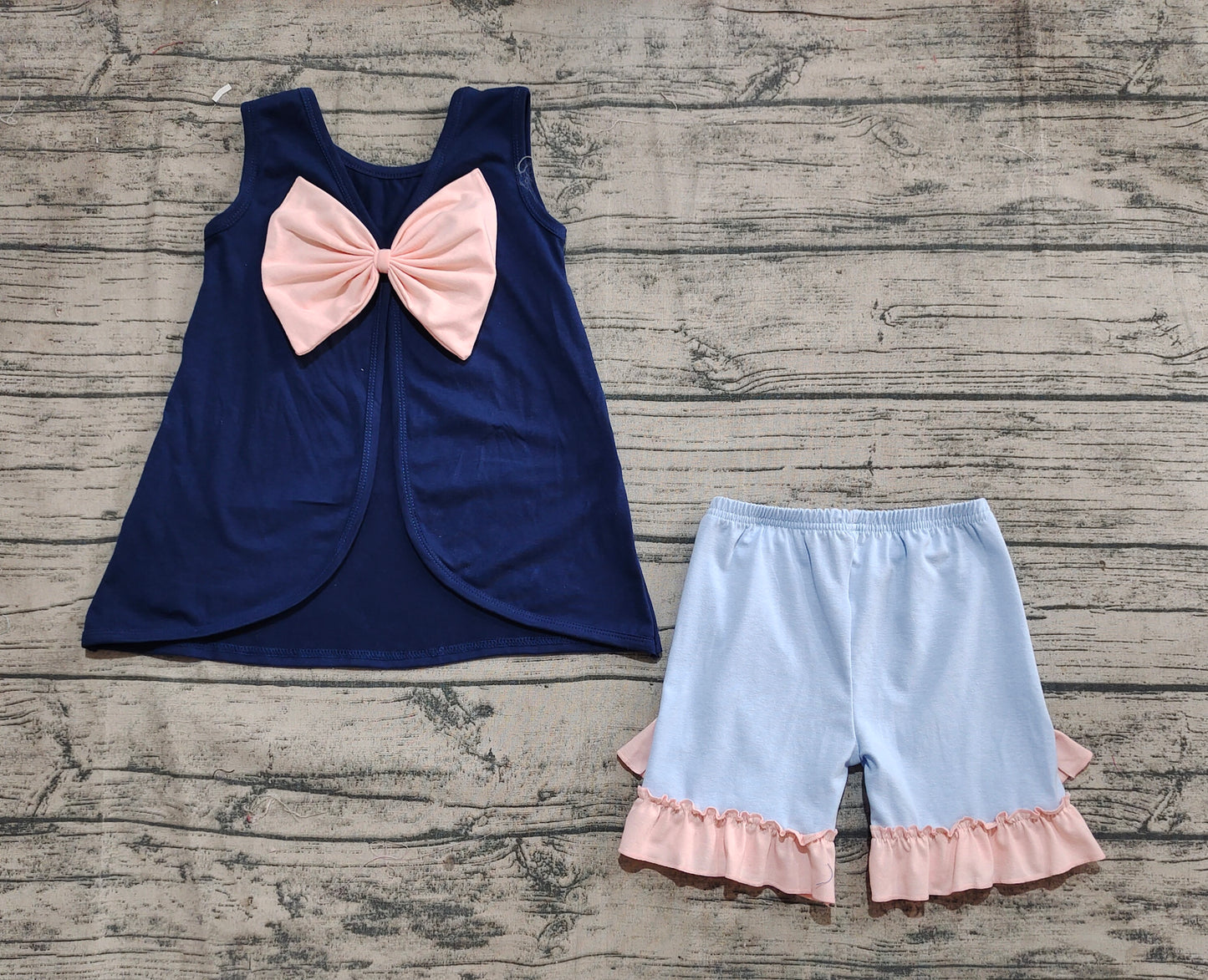 GSSO2272Girls Pink Bow Sleeveless Navy Tunic Short Outfit Set Cute Children's Clothing Ensemble for Little Girls