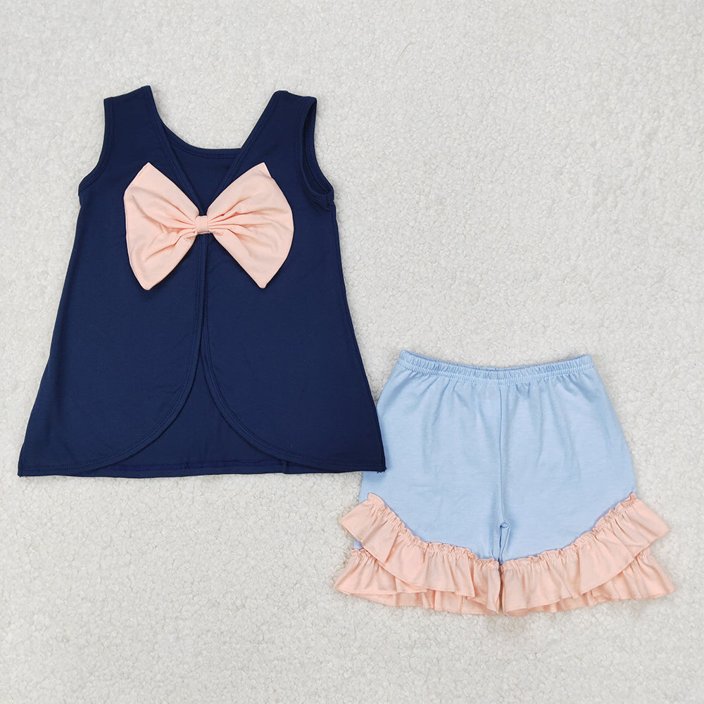 4.30 GSSO2272 RTS NO MOQ Pink bow sleeveless navy tunic shorts girls outfits
