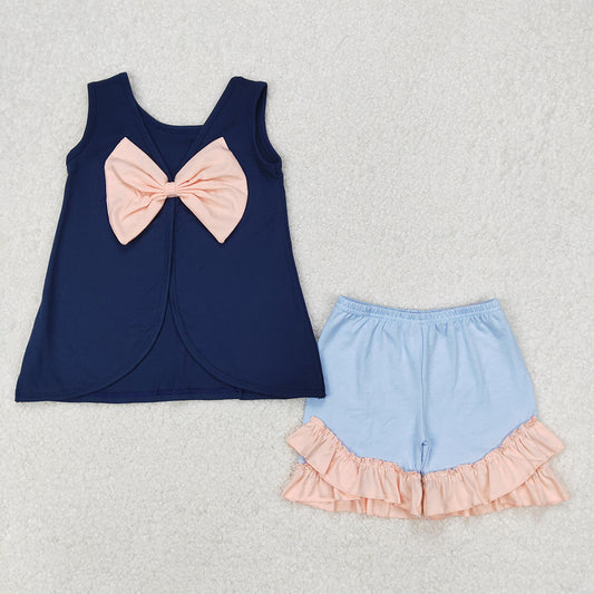 4.30 GSSO2272 RTS NO MOQ Pink bow sleeveless navy tunic shorts girls outfits