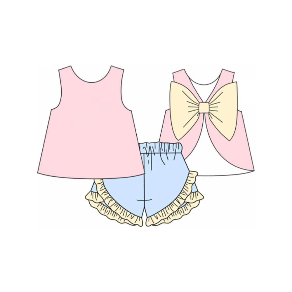 Girls Yellow Bow Sleeveless Tunic Top with Pink Shorts Outfit Set Casual Comfortable Children's Clothing Set for Ages 4-12