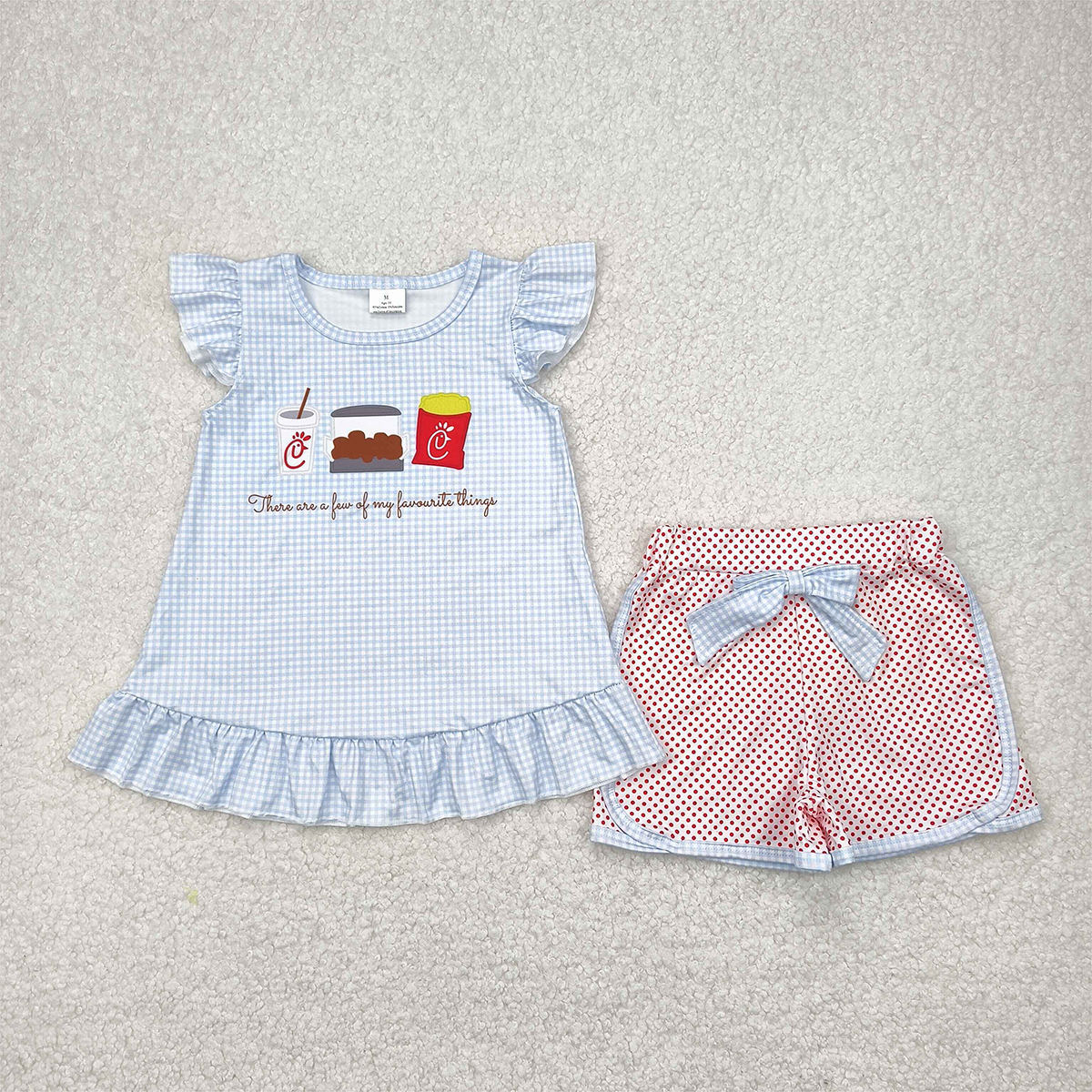 6.21 GSSO2274 RTS NO MOQ Baby Girls Summer Outfits Baby Girls Favorite Thing Tunic Bow Shorts Clothes Sets