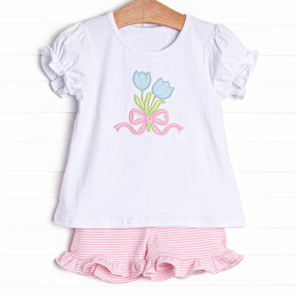 Girls White Short Sleeve Tulip Top Pink Stripe Shorts Outfit Casual Comfortable Clothing Set for Kids