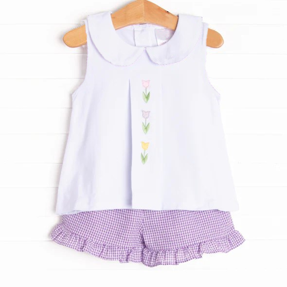 Girls White Sleeveless Tulip Top Purple Plaid Shorts Outfit Set Casual Comfortable Clothing for Kids