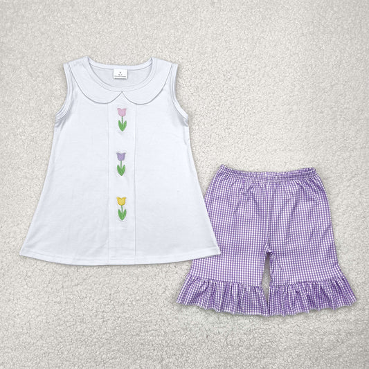 6.27   GSSO2276 RTS NO MOQ Baby Girls Summer Outfits Embroidery baby girl clothes floral sleeveless shorts set