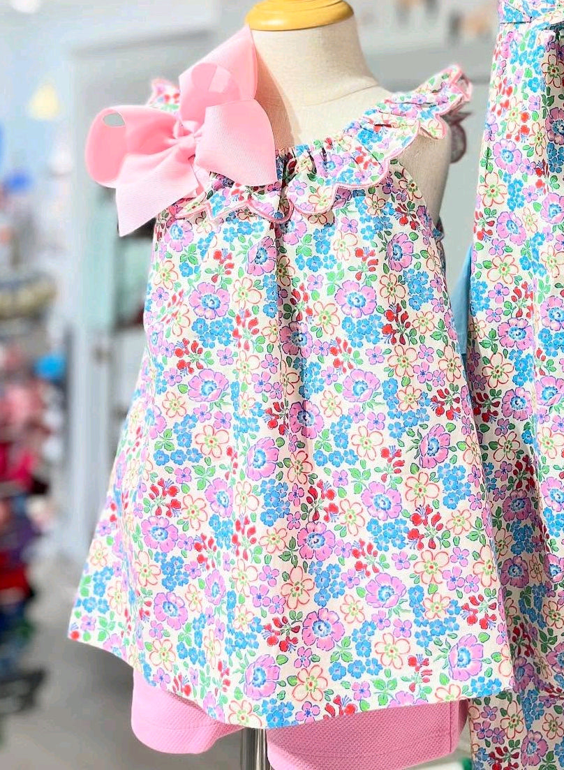 Girls Pink Cotton Floral Ruffle Top And Shorts Summer Outfit Set Cute Feminine Children's Clothing Combo