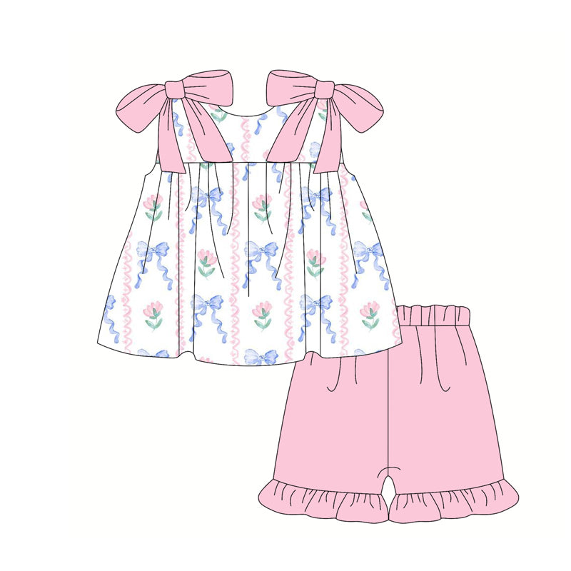 Girls' Floral Tunic, Pink Strap, Light Blue, Bow, Shorts, Clothes