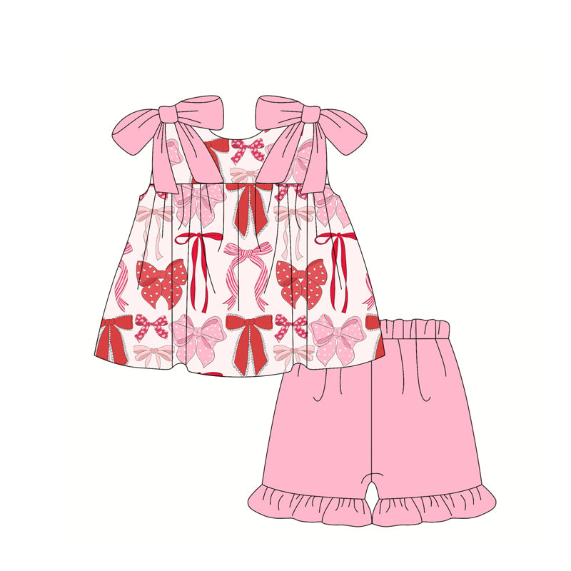 Girls Pink Straps Heart Bow Tunic Ruffle Shorts Outfit Cute Feminine Children's Clothing Set