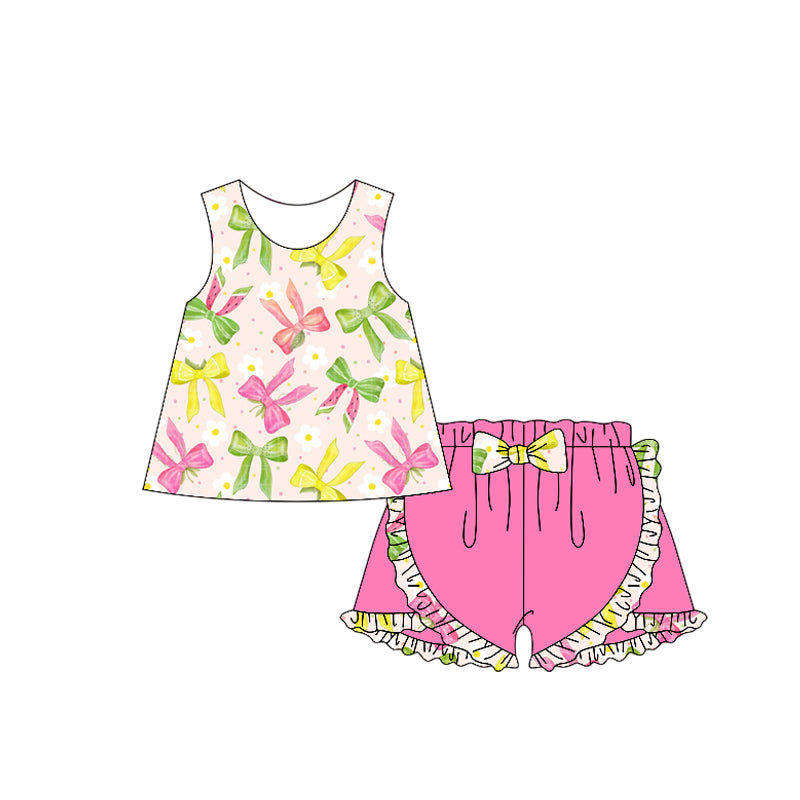 Girls Sleeveless Watermelon Print Top with Ruffle Shorts Summer Clothing Set for Kids