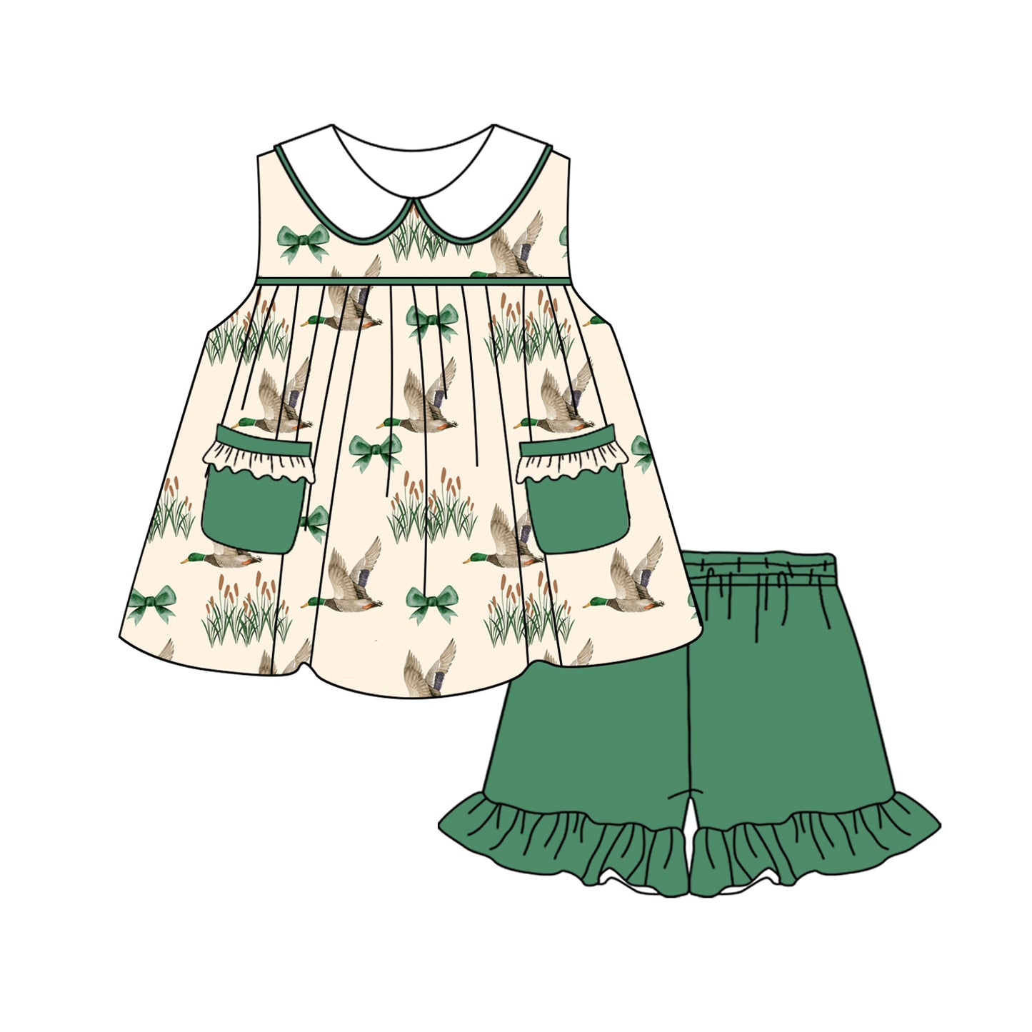 Girls Sleeveless Bow Duck Tunic Shorts Set Cute Green Clothing Outfit for Kids