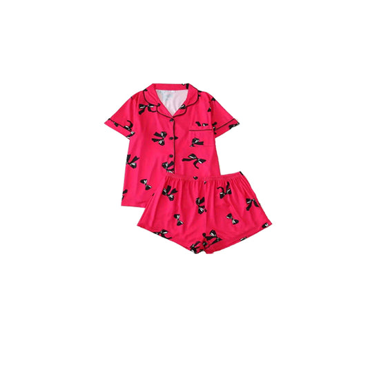 GSSO2282Kids Girls Button down Pajamas Short Sleeves Bows Pocket Cute Children's Sleepwear Soft Cotton Clothes for Girls