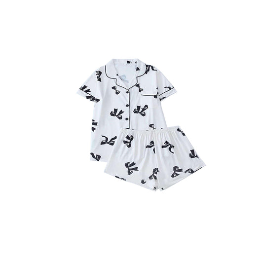 GSSO2283Kids Girls Button down Pajamas with White Bows And Pockets Children's Sleepwear Comfortable Soft Material
