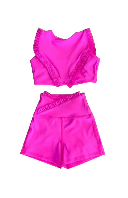 Girls Pink Ruffle Crop Top Shorts Set Yoga Outfit Fitness Clothing for Kids