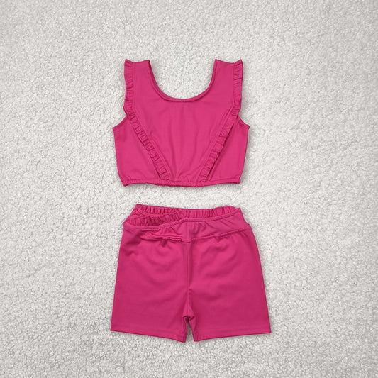 GSSO2284RTS NO MOQ Baby Girls Yoga Outfits Girls Hot Pink Ruffle Crop Top Shorts Set Yoga Outfit Fitness Gymnastics Dancewear Sportswear Active Wear Children's Clothing